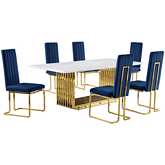 D313 7 Piece Dining Set in White Marble, Gold Stainless Steel & Navy Blue Velvet