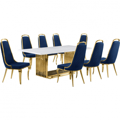 D313 9 Piece Dining Set in White Marble, Gold Stainless Steel & Navy Blue Velvet