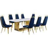 D313 9 Piece Dining Set in White Marble, Gold Stainless Steel & Navy Blue Velvet