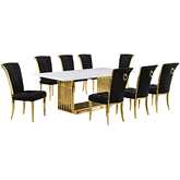 D313 9 Piece Dining Set in White Marble, Gold Stainless Steel & Black Velvet