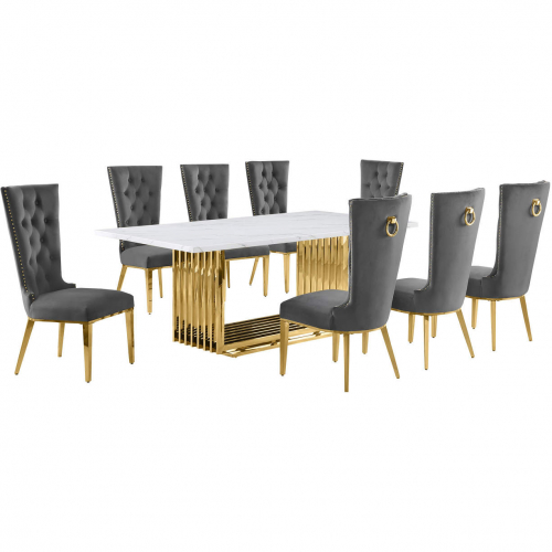 D313 9 Piece Dining Set in White Marble, Gold Stainless Steel & Dark Gray Velvet