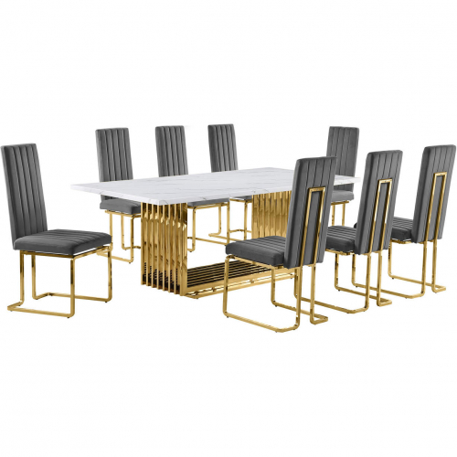 D313 9 Piece Dining Set in White Marble, Gold Stainless Steel & Dark Gray Velvet