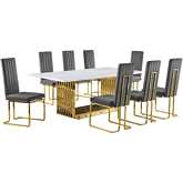 D313 9 Piece Dining Set in White Marble, Gold Stainless Steel & Dark Gray Velvet