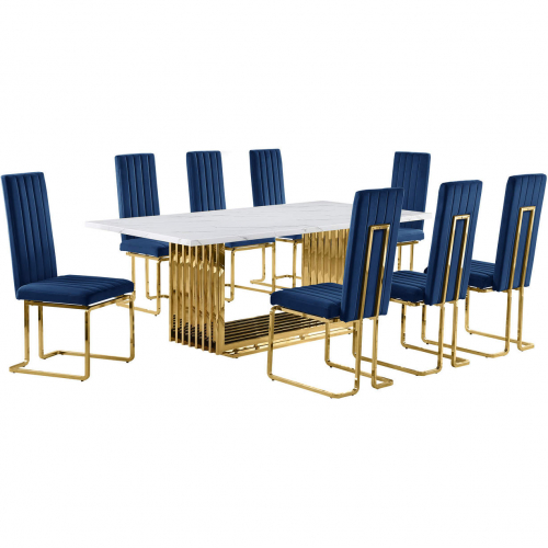 D313 9 Piece Dining Set in White Marble, Gold Stainless Steel & Navy Blue Velvet