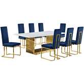 D313 9 Piece Dining Set in White Marble, Gold Stainless Steel & Navy Blue Velvet