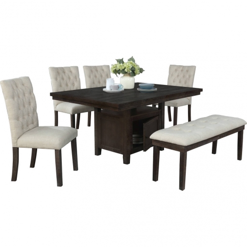 D31 6 Piece Dining Set in Tufted Beige Linen & Rustic Dark Oak Wood