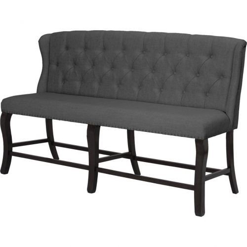 D32 Counter Dining Bench in Tufted Gray Linen & Cappuccino Wood