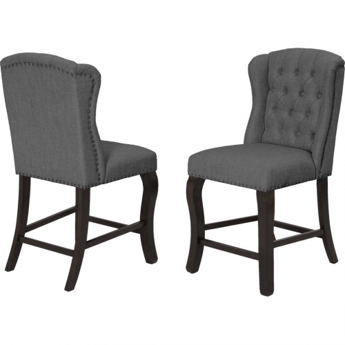 D32 Counter Dining Chair in Tufted Gray Linen & Cappuccino Wood (Set of 2)