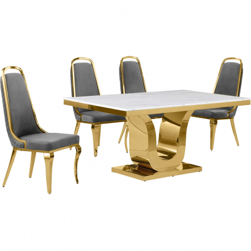D320 5 Piece Dining Set in White Marble, Gold Stainless Steel & Dark Gray Velvet