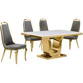 D320 5 Piece Dining Set in White Marble, Gold Stainless Steel & Dark Gray Velvet