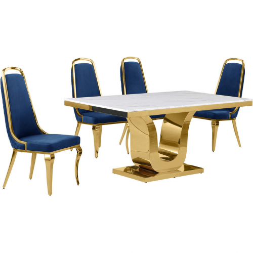 D320 5 Piece Dining Set in White Marble, Gold Stainless Steel & Navy Blue Velvet