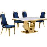 D320 5 Piece Dining Set in White Marble, Gold Stainless Steel & Navy Blue Velvet