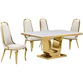 D320 5 Piece Dining Set in White Marble, Gold Stainless Steel & Cream Velvet