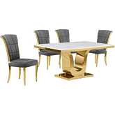 D320 5 Piece Dining Set in White Marble, Gold Stainless Steel & Dark Gray Velvet