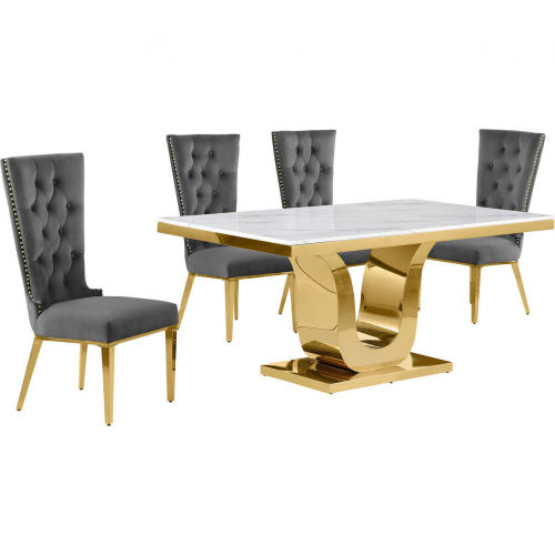 D320 5 Piece Dining Set in White Marble, Gold Stainless Steel & Dark Gray Velvet