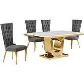 D320 5 Piece Dining Set in White Marble, Gold Stainless Steel & Dark Gray Velvet