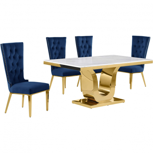 D320 5 Piece Dining Set in White Marble, Gold Stainless Steel & Navy Blue Velvet