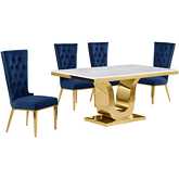 D320 5 Piece Dining Set in White Marble, Gold Stainless Steel & Navy Blue Velvet