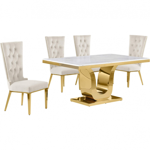 D320 5 Piece Dining Set in White Marble, Gold Stainless Steel & Cream Velvet