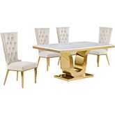 D320 5 Piece Dining Set in White Marble, Gold Stainless Steel & Cream Velvet