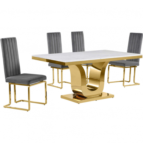 D320 5 Piece Dining Set in White Marble, Gold Stainless Steel & Dark Gray Velvet