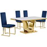 D320 5 Piece Dining Set in White Marble, Gold Stainless Steel & Navy Blue Velvet