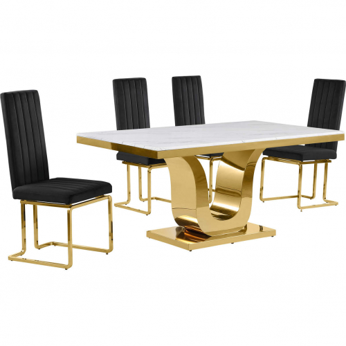 D320 5 Piece Dining Set in White Marble, Gold Stainless Steel & Black Velvet