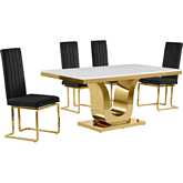 D320 5 Piece Dining Set in White Marble, Gold Stainless Steel & Black Velvet
