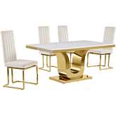 D320 5 Piece Dining Set in White Marble, Gold Stainless Steel & Cream Velvet
