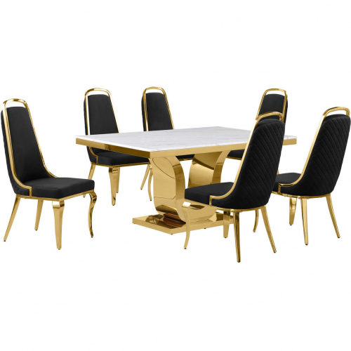 D320 7 Piece Dining Set in White Marble, Gold Stainless Steel & Black Velvet