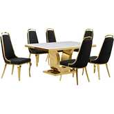 D320 7 Piece Dining Set in White Marble, Gold Stainless Steel & Black Velvet
