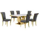 D320 7 Piece Dining Set in White Marble, Gold Stainless Steel & Dark Gray Velvet