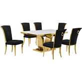 D320 7 Piece Dining Set in White Marble, Gold Stainless Steel & Black Velvet