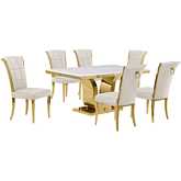 D320 7 Piece Dining Set in White Marble, Gold Stainless Steel & Cream Velvet