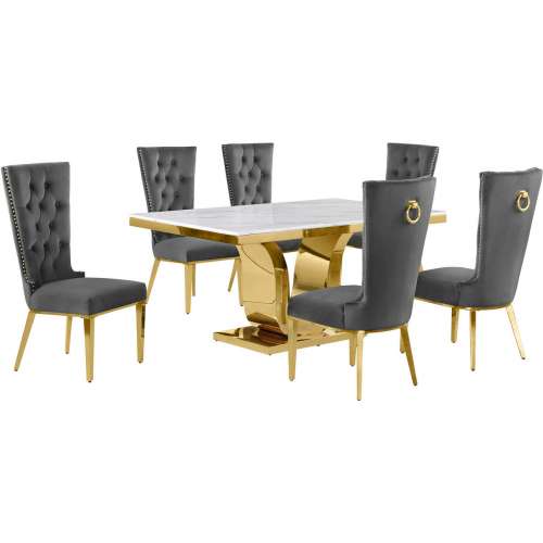 D320 7 Piece Dining Set in White Marble, Gold Stainless Steel & Dark Gray Velvet