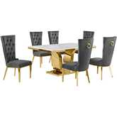D320 7 Piece Dining Set in White Marble, Gold Stainless Steel & Dark Gray Velvet