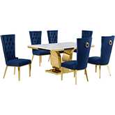 D320 7 Piece Dining Set in White Marble, Gold Stainless Steel & Navy Blue Velvet