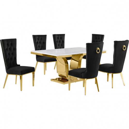 D320 7 Piece Dining Set in White Marble, Gold Stainless Steel & Black Velvet