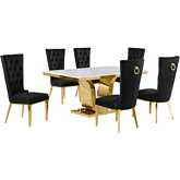 D320 7 Piece Dining Set in White Marble, Gold Stainless Steel & Black Velvet