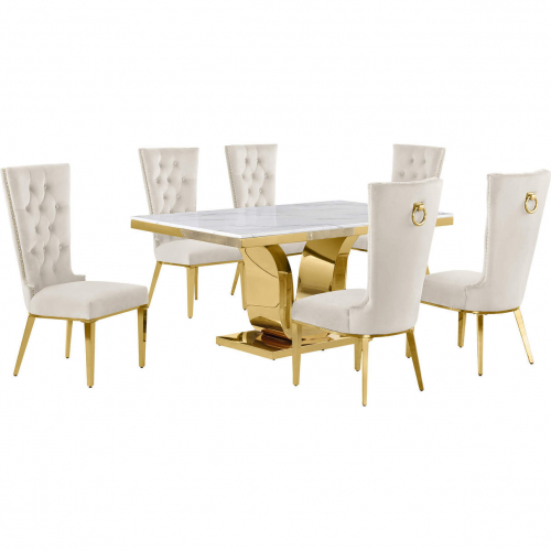 D320 7 Piece Dining Set in White Marble, Gold Stainless Steel & Cream Velvet