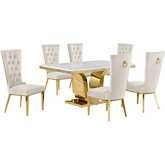 D320 7 Piece Dining Set in White Marble, Gold Stainless Steel & Cream Velvet