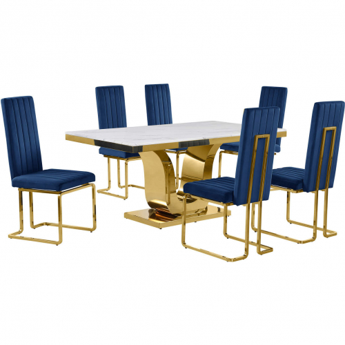 D320 7 Piece Dining Set in White Marble, Gold Stainless Steel & Navy Blue Velvet