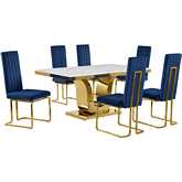 D320 7 Piece Dining Set in White Marble, Gold Stainless Steel & Navy Blue Velvet