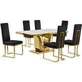 D320 7 Piece Dining Set in White Marble, Gold Stainless Steel & Black Velvet