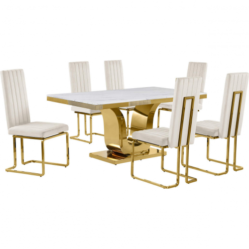 D320 7 Piece Dining Set in White Marble, Gold Stainless Steel & Cream Velvet