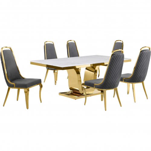D320 7 Piece Dining Set in White Marble, Gold Stainless Steel & Dark Gray Velvet