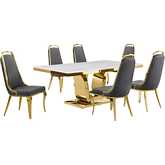 D320 7 Piece Dining Set in White Marble, Gold Stainless Steel & Dark Gray Velvet