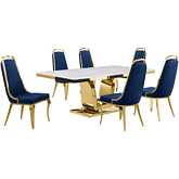 D320 7 Piece Dining Set in White Marble, Gold Stainless Steel & Navy Blue Velvet