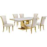 D320 7 Piece Dining Set in White Marble, Gold Stainless Steel & Cream Velvet
