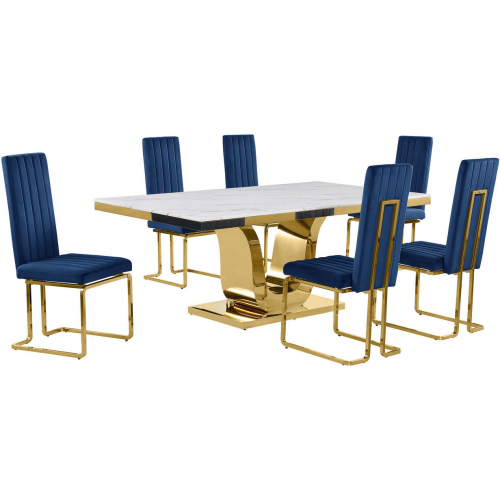 D320 7 Piece Dining Set in White Marble, Gold Stainless Steel & Navy Blue Velvet